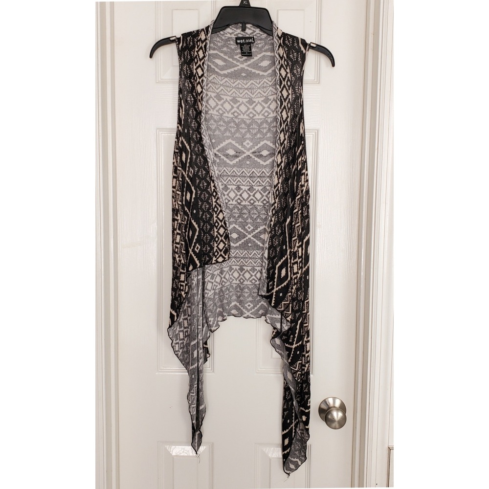 Y2k Wet Seal Vest Black Tan Geometric Tribal‎ Draped Sharkbite Small